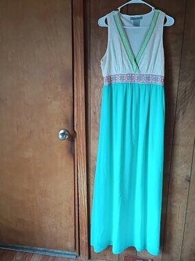 Flying Tomato White & Aqua Maxi Dress with Embroidered Waist